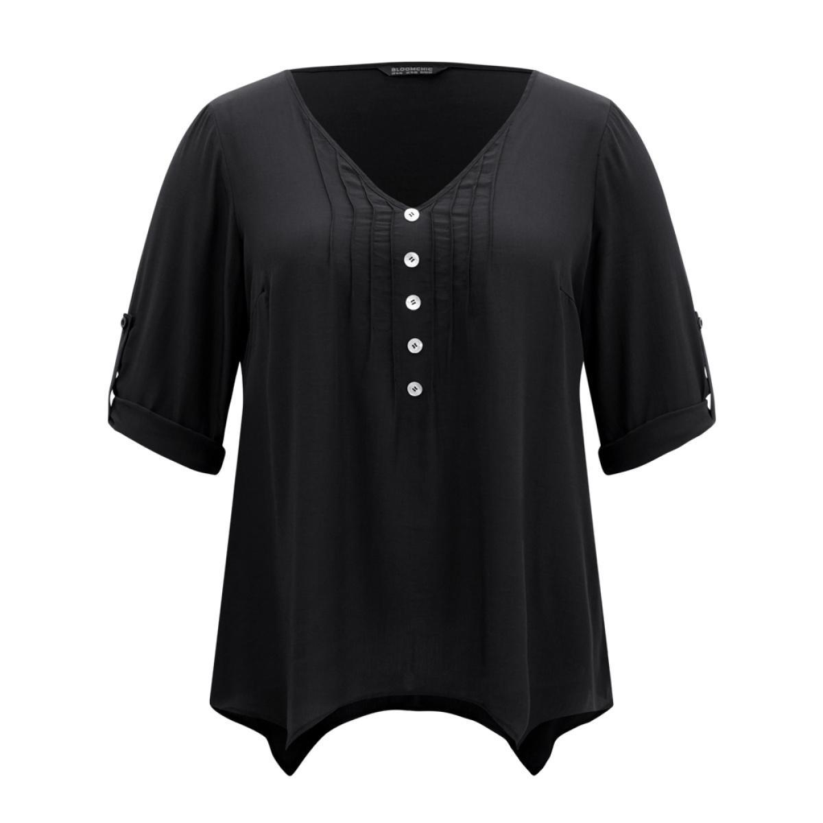Plus Size Black Solid Button Detail Pleated Hanky Hem Blouse Women Office Elbow-length sleeve V-neck Work Blouses BloomChic 30/6X Product Image