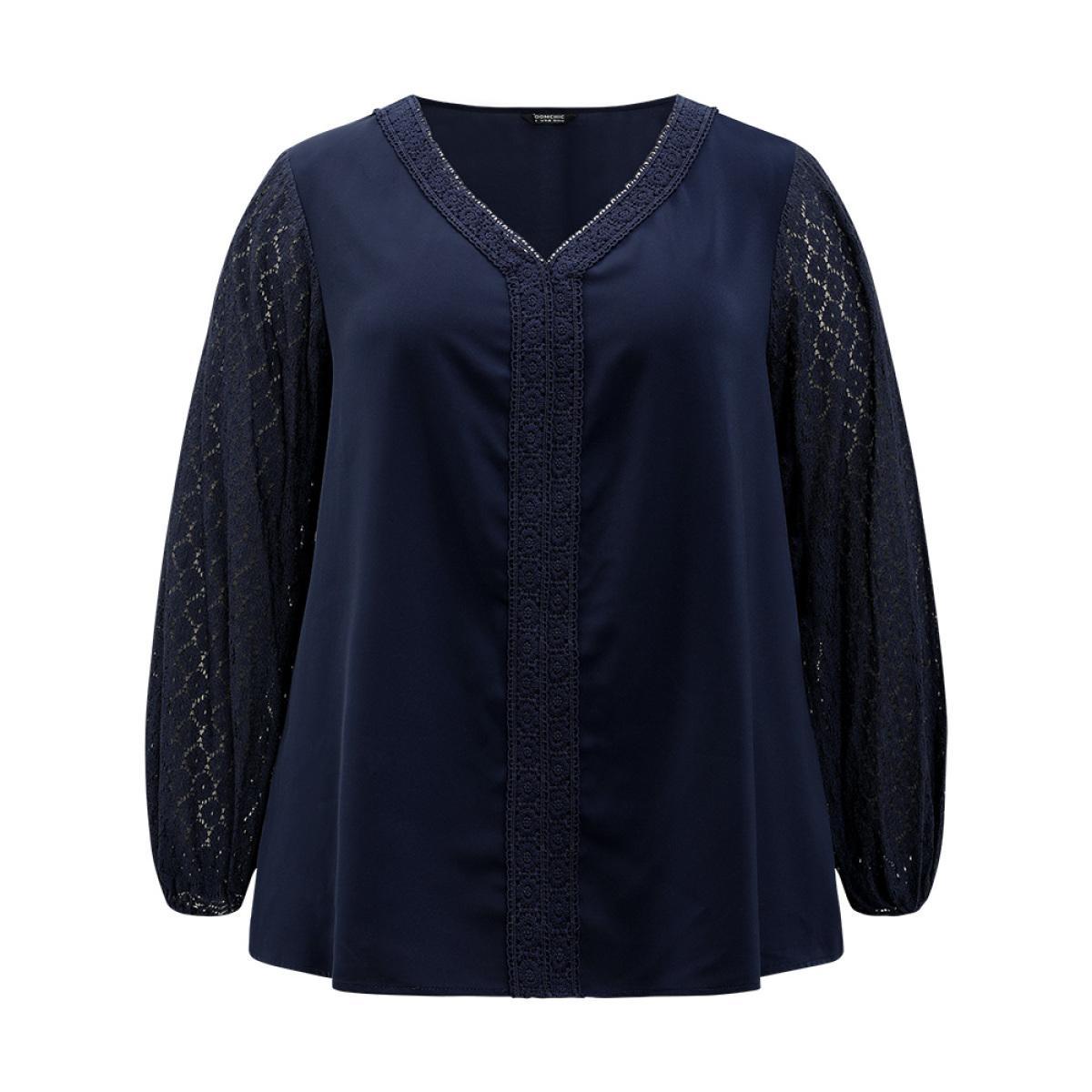 Plus Size Indigo V Neck Guipure Lace Lantern Sleeve Blouse Women Office Long Sleeve V-neck Work Blouses BloomChic 14-16/1X Product Image