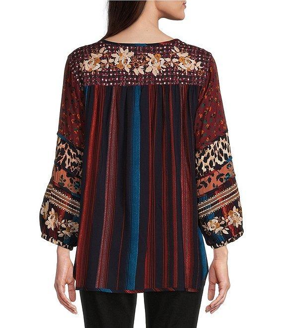 John Mark Mix Print Embroidered Stripe Y-Neck 3/4 Bubble Sleeve Tassel Tie Tunic Product Image