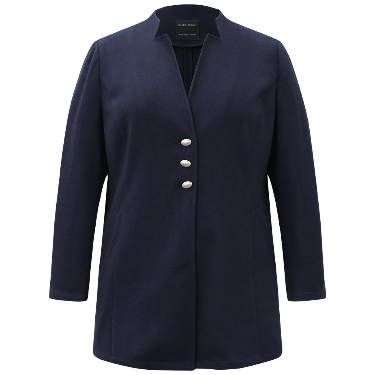 Plus Size Solid Button Up Pocket Jacket Women DarkBlue Casual Plain Ladies Dailywear Winter Coats BloomChic 18-20/2X Product Image