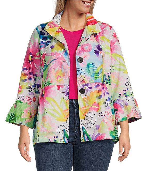Ali Miles Plus Size Woven Abstract Wire Collar 3/4 Sleeve Button-Front Jacket Product Image