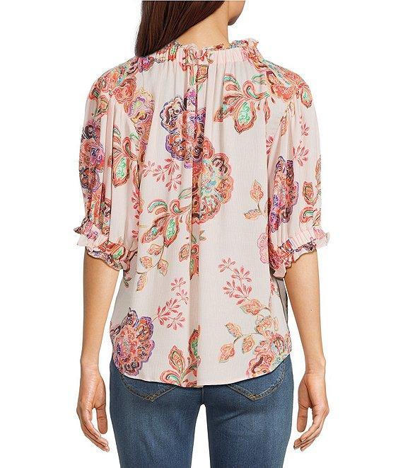 Democracy Petite Size Woven Floral Paisley Split V-Neck Elbow Sleeve Button-Front Top Product Image