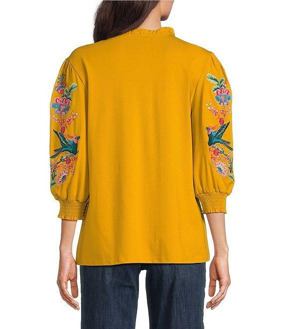Calessa Petite Size Split V-Neck Long Floral Embroidered Balloon Sleeve Tunic Product Image