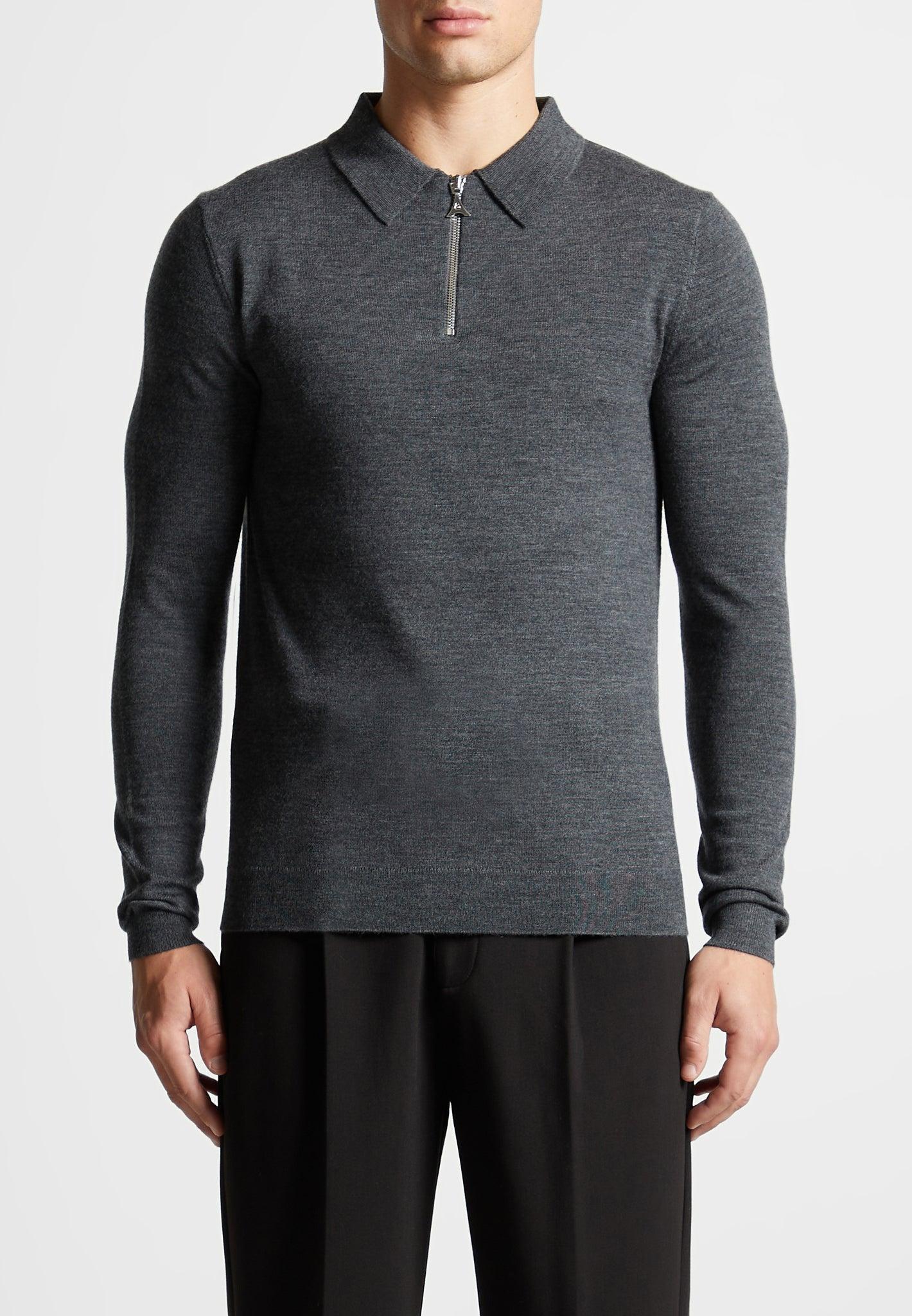 Merino Wool Long Sleeve Polo Top With Zip - Marl Grey Male Product Image