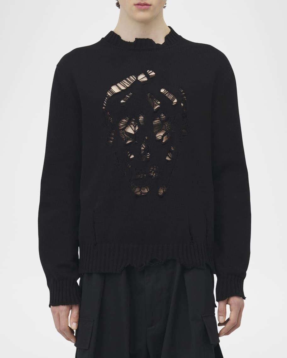 Mens Distressed Skull Crewneck Cotton Sweater Product Image