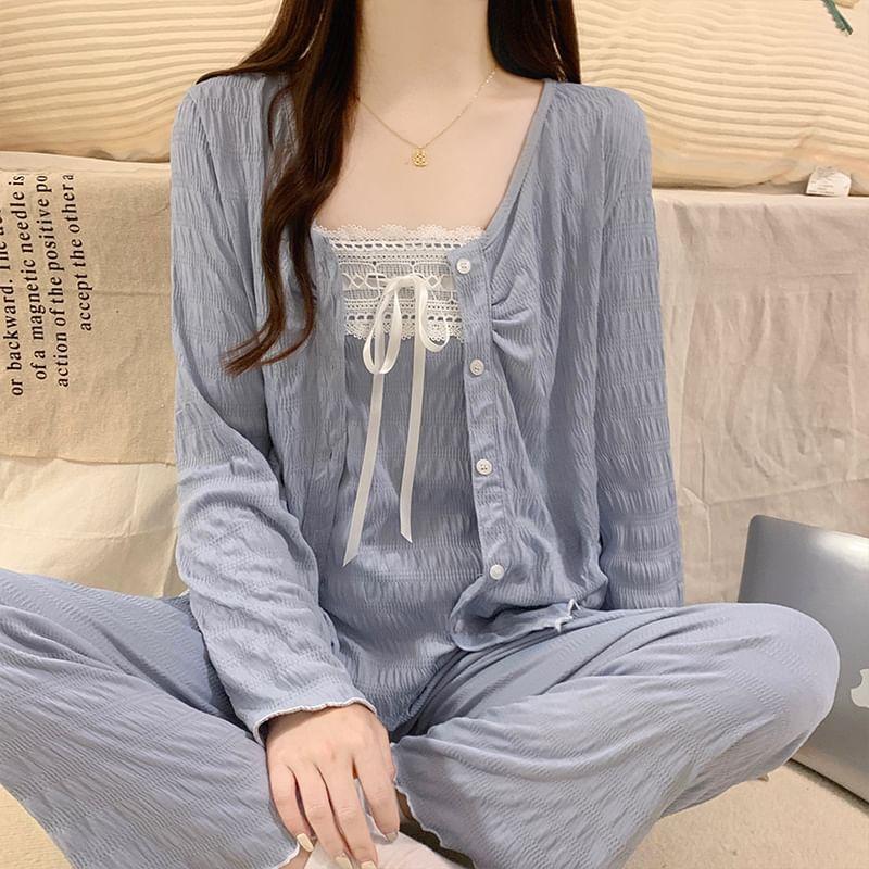 Pajama Set: Long Sleeve V-Neck Plain Button Top + Bow Panel Lace Camisole Top + Straight Leg Pants Product Image