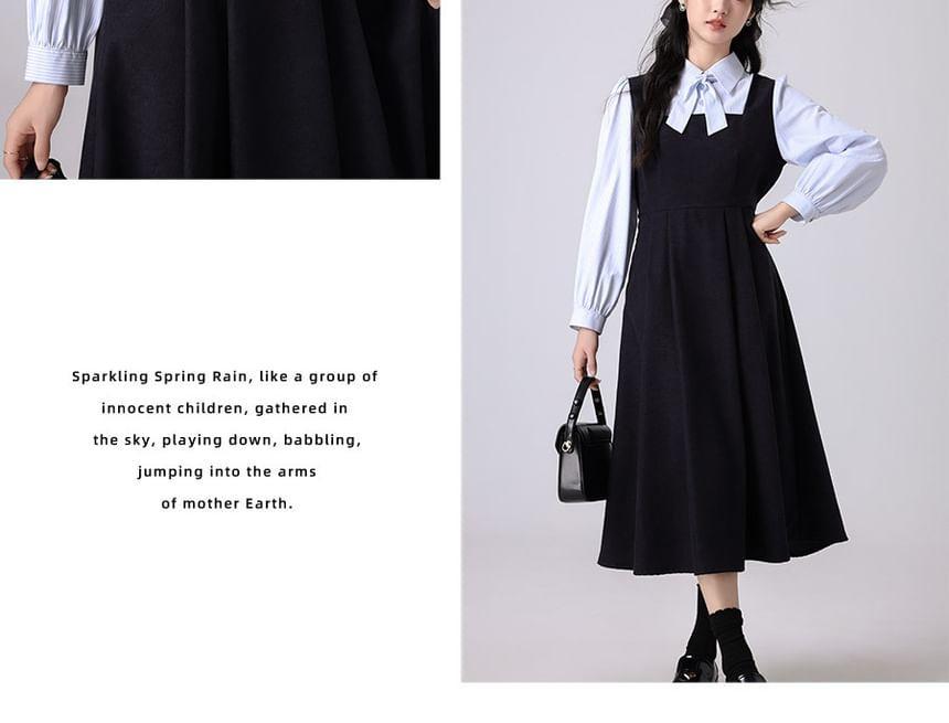 Long-Sleeve Collared Mock Two-Piece Striped Panel Pleated Midi A-Line Dress Product Image