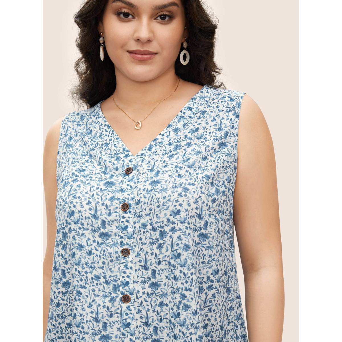 Plus Size Ditsy Floral Sleeveless Button Detail Tank Top Women LightBlue Casual Button V-neck Everyday Tank Tops Camis BloomChic 30/6X Product Image
