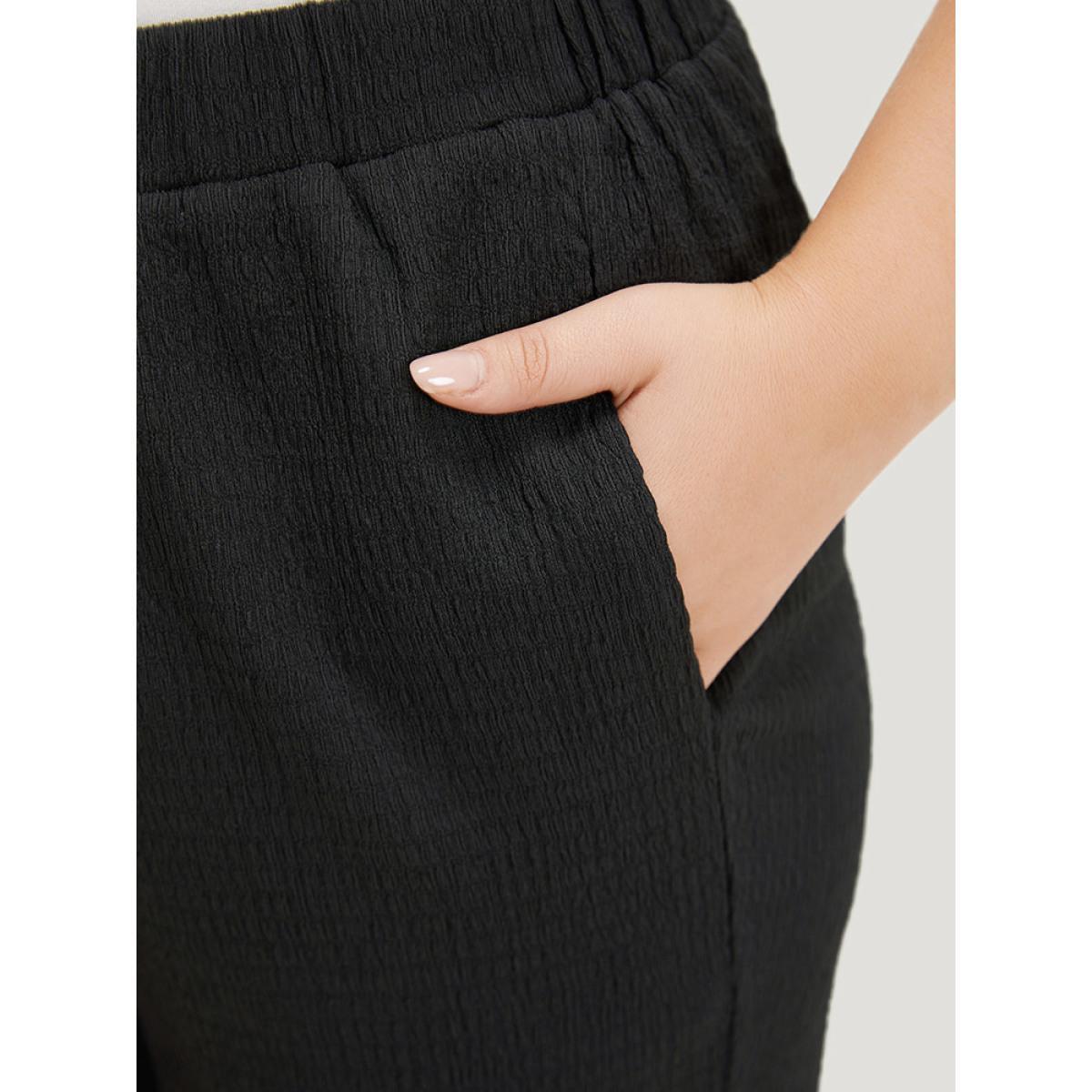 Plus Size Solid Pocket High Rise Elastic Waist Pants Women Black Elegant High Rise Dailywear Pants BloomChic 18-20/2X Product Image
