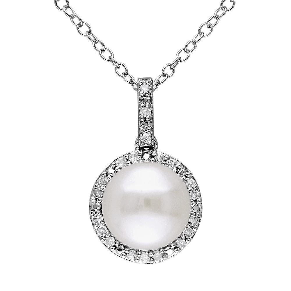 Stella Grace Freshwater Cultured Pearl & 1/10 Carat T.W. Diamond Sterling Silver Halo Pendant Necklace, Women's, Size: 18", White Product Image