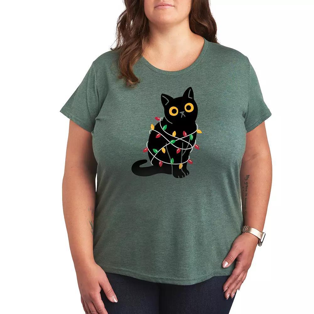 Plus Cat Wrapped In Christmas Lights Graphic Tee, Women's, Size: 1XL, Green Product Image