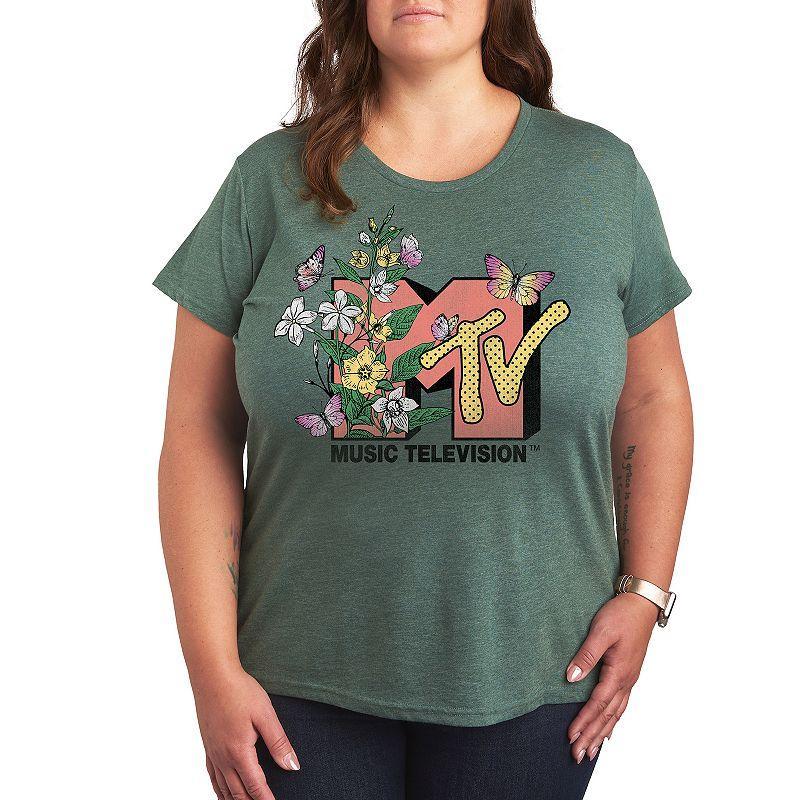 Plus MTV Botanical Art Graphic Tee, Womens Grey Gray Product Image