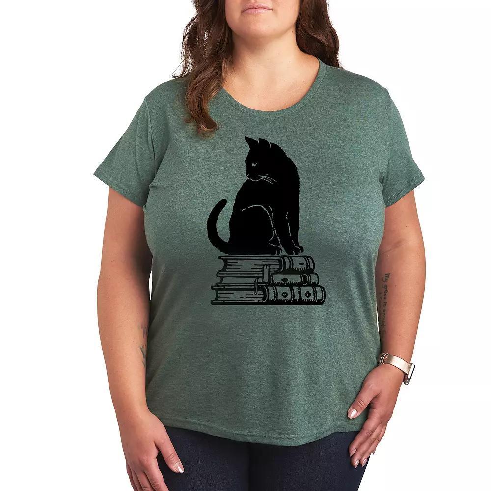 Plus Black Cat Books Graphic Tee, Womens Grey Green Product Image