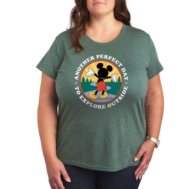 Disneys Mickey Mouse Plus Explore Outside Graphic Tee, Womens Grey Green Product Image