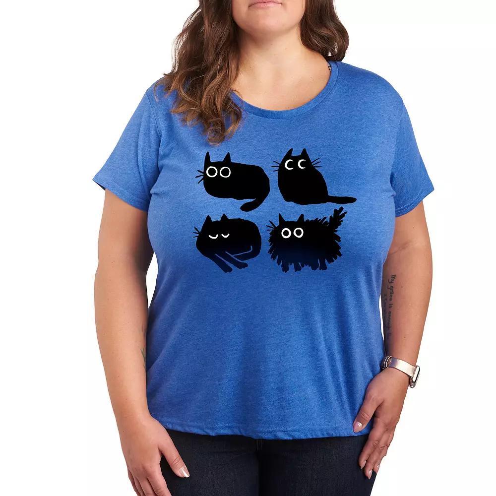 Plus Sketched Black Cats Graphic Tee, Womens Grey Royal Blue Product Image