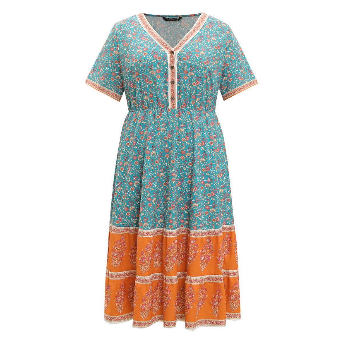 Plus Size Floral Print Button Detail Elastic Waist Patchwork Dress Emerald Women Vacation Gathered V-neck Short sleeve Curvy Midi Dress BloomChic 26/4X Product Image
