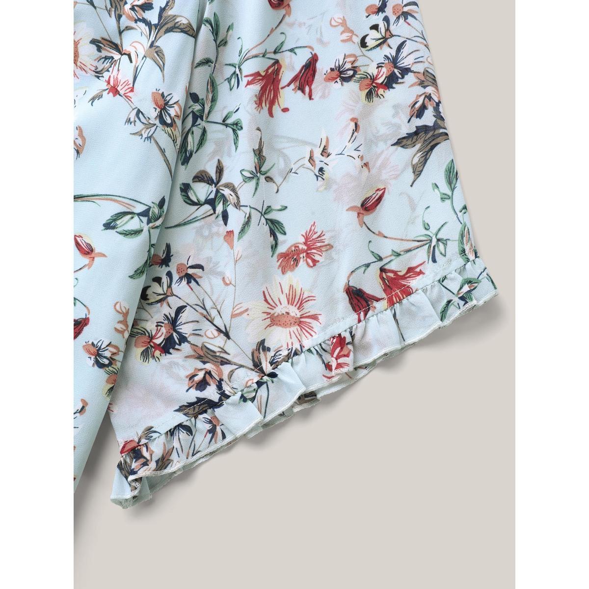 Plus Size LightBlue Chiffon Floral Print Flowy Blouse Women Elbow-length sleeve Boat Neck Everyday-Elegant Blouses BloomChic 18-20/2X Product Image