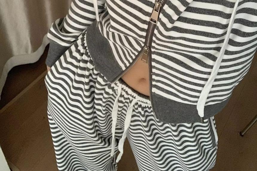 Drawstring Striped Zip Cropped Hoodie Product Image
