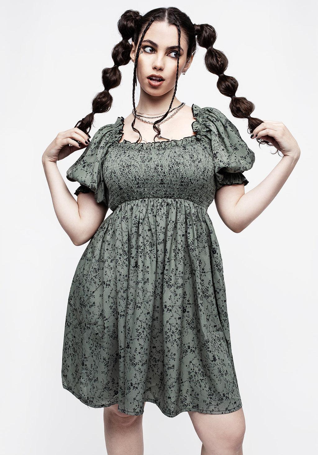 Cassie Green Floral Mini Babydoll Dress Product Image