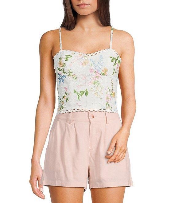 Evolutionary Eyelet Floral Print Sweetheart Neck Spaghetti Strap Tank Top Product Image