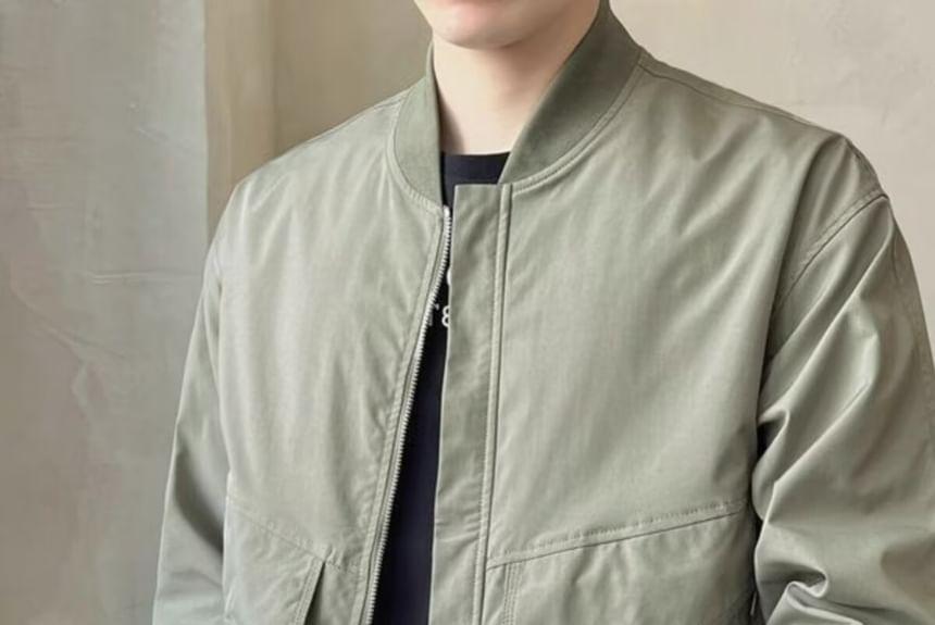 Stand Collar Plain Zip Bomber Jacket Product Image