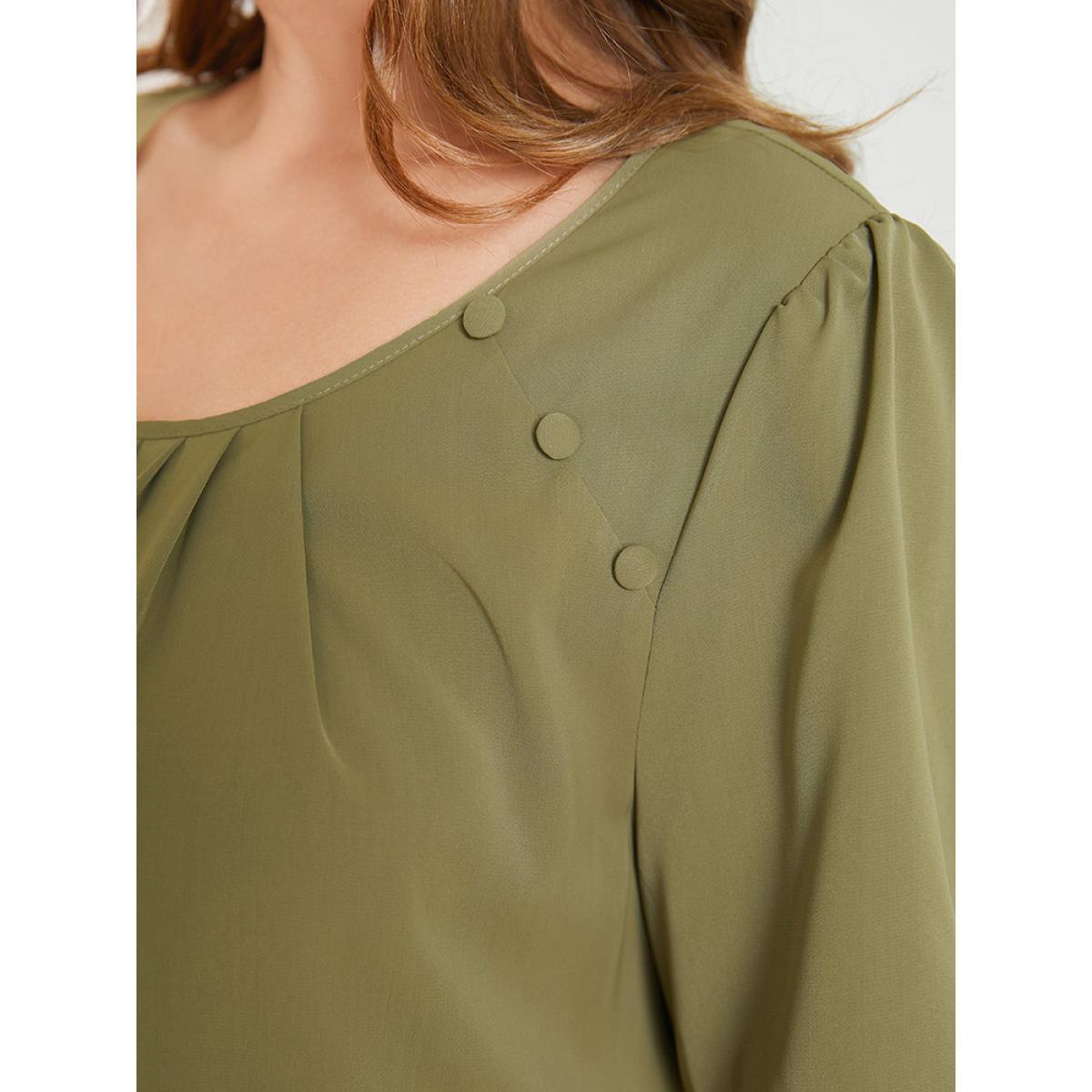 Plus Size SpringGreen Solid Pleated Button Detail Blouse Women Office Short sleeve Round Neck Work Blouses BloomChic 30/6X Product Image