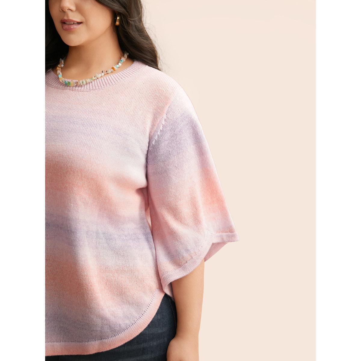 Plus Size Ombre Round Neck Curved Hem Pullover Blush Women Casual Loose Elbow-length sleeve Round Neck Everyday Pullovers BloomChic 12/L Product Image