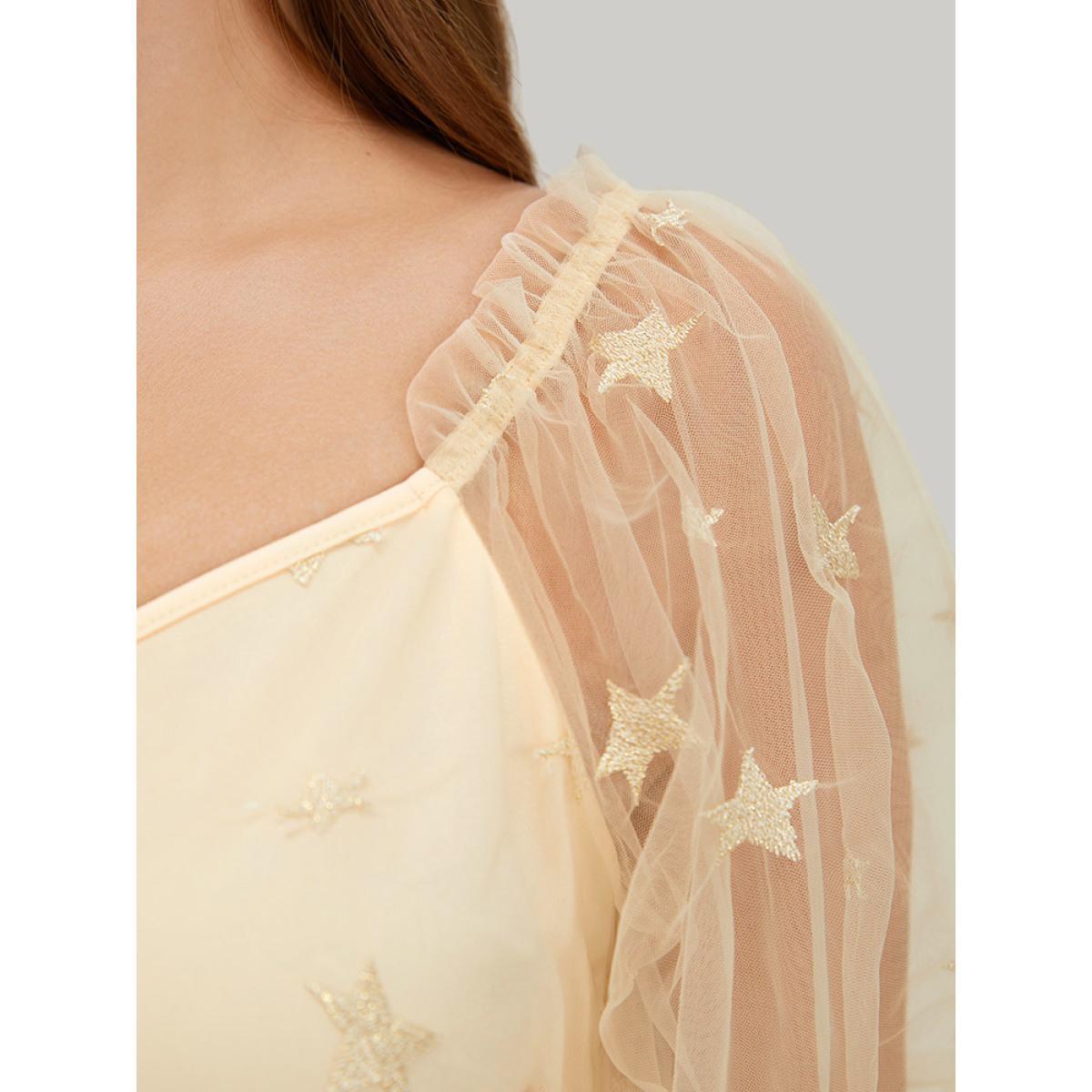 Plus Size Star Embroidered Mesh Ruffle Sleeve Frill Trim Dress Beige Women Glamour Lined V-neck Short sleeve Curvy Knee Dress BloomChic 14-16/1X Product Image