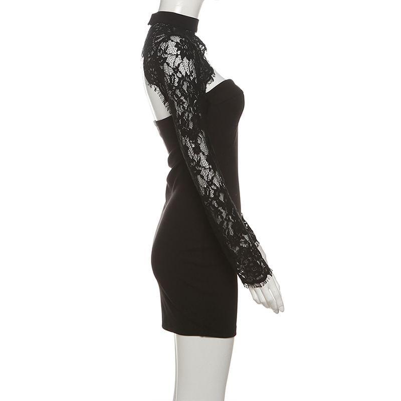 Long-Sleeve Lace Panel Cutout Mini Bodycon Dress Product Image