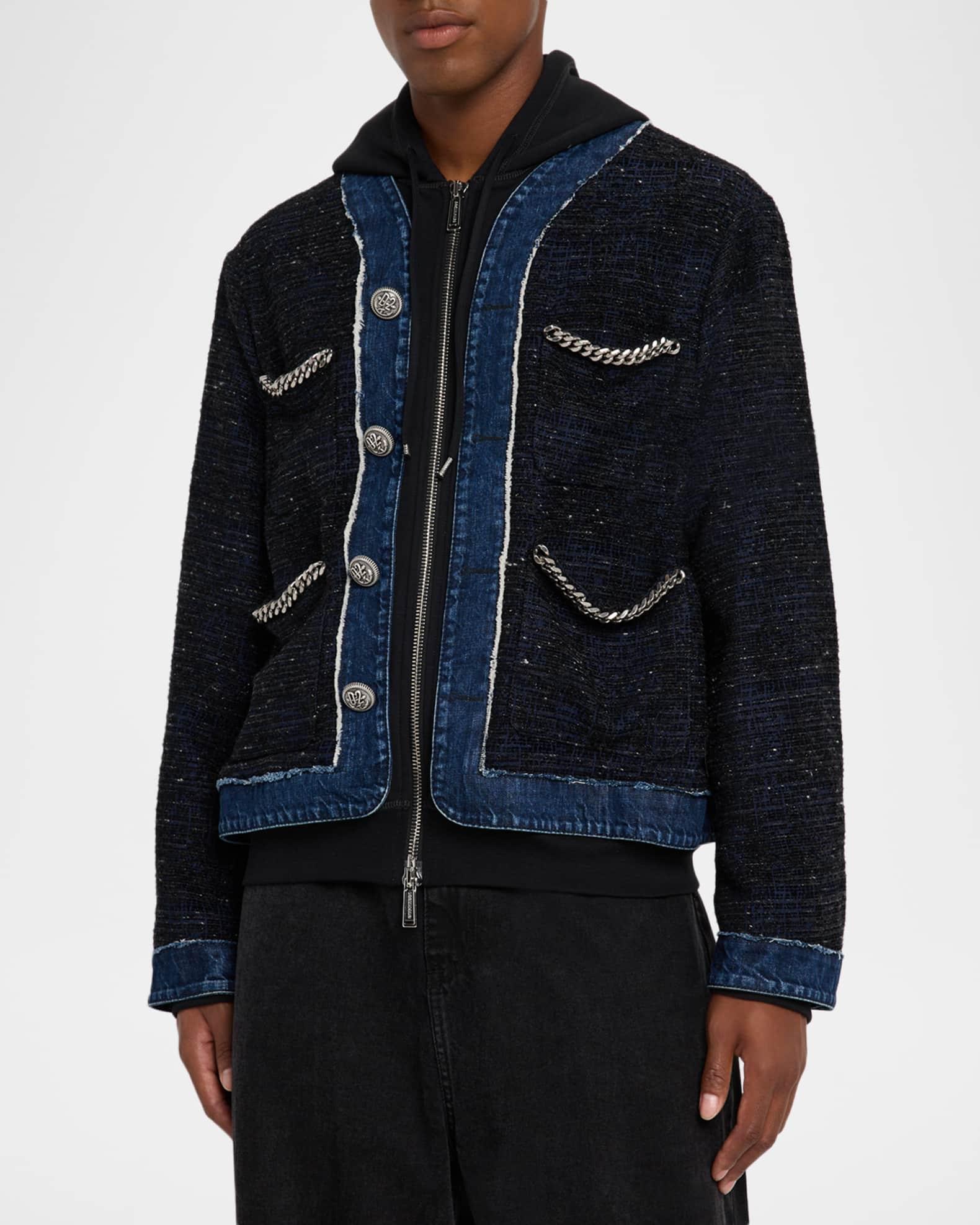 Men's Denim Boucle Chain-Trim Hoodie Jacket Product Image
