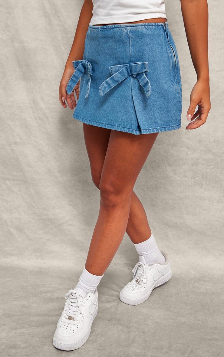 Mid Blue Wash Bow Detail Denim Mini Skirt Product Image