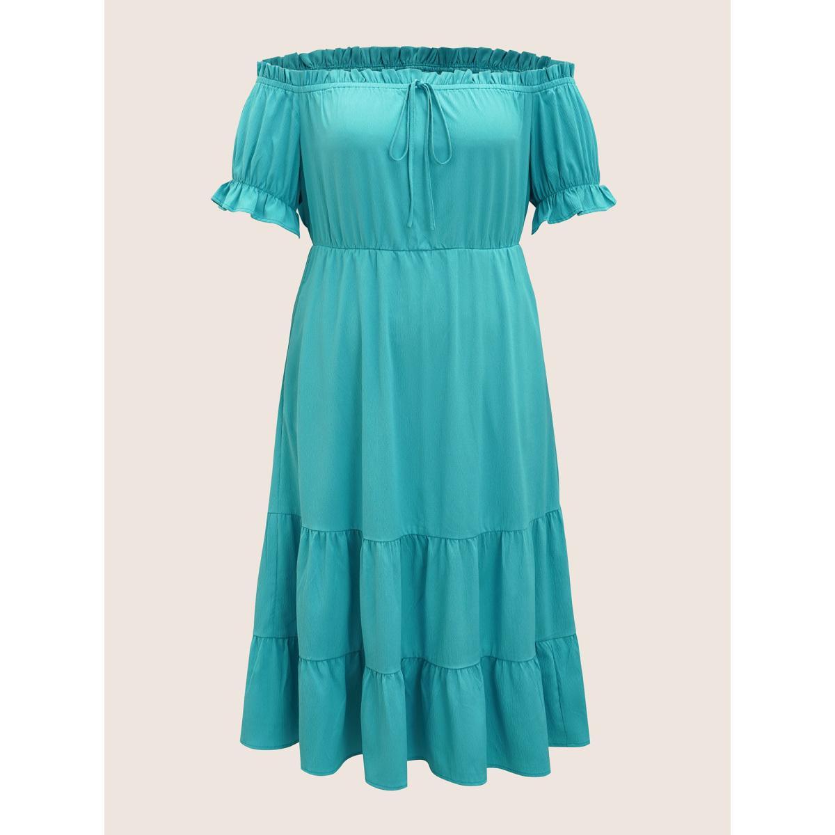 Plus Size One Shoulder Neck Frill Trim Tie Knot Dress Malachitegreen Women Resort Tie knot One-shoulder neck Short sleeve Curvy BloomChic 26/4X Product Image