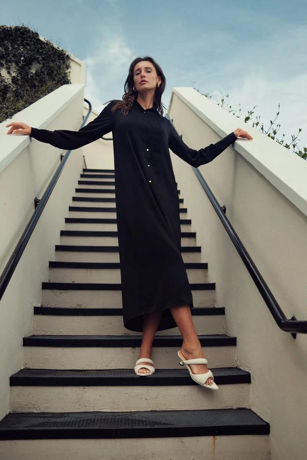 Flowy Black Pleated Shirt Dress Product Image