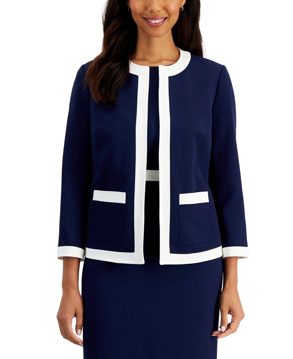 Kasper Stretch Crepe Woven Round Neck Patch Pocket 34 Sleeve Open-Front Framed Coordinating Jacket Product Image