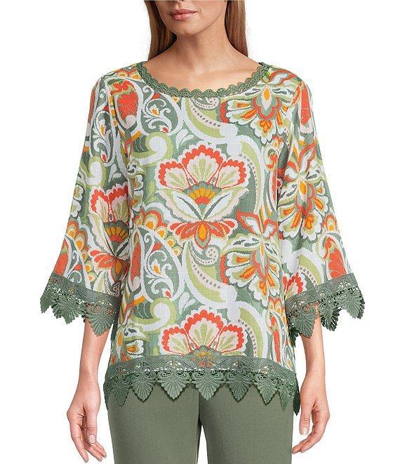 Allison Daley Vintage Paisley Print 3/4 Sleeve Crew Neck Lace Detail Linen Blend Blouse Product Image