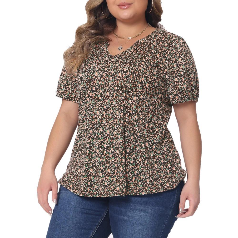 Agnes Orinda Women's Plus Size Pleated Front V Neck Short Sleeve Retro Floral Blouses Product Image