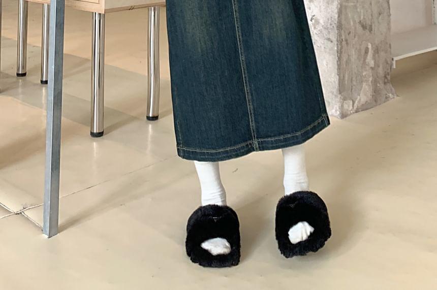 High Waist Washed Slit Denim Midi A-Line Skirt Product Image