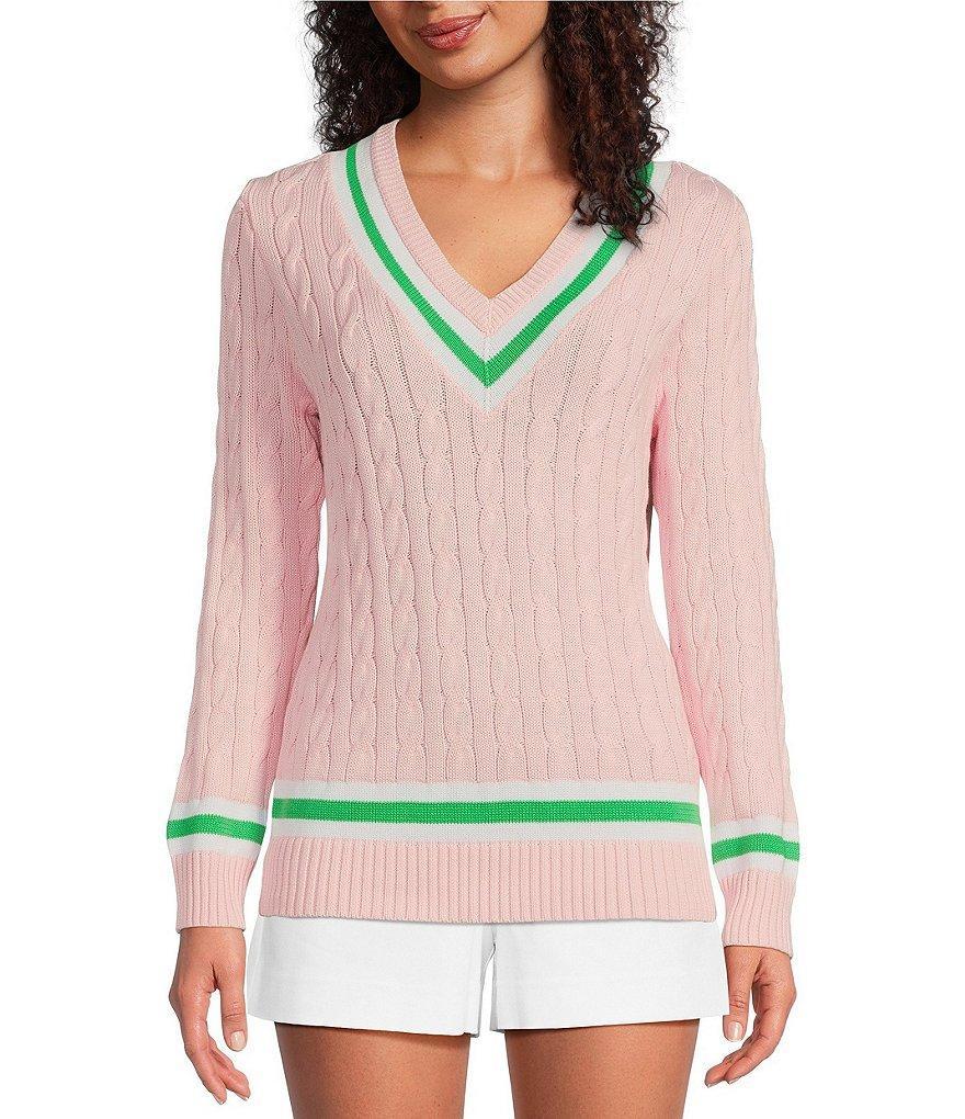 Lilly Pulitzer Brockton Cable Knit V-Neck Long Sleeve Stripe Detail Sweater Product Image