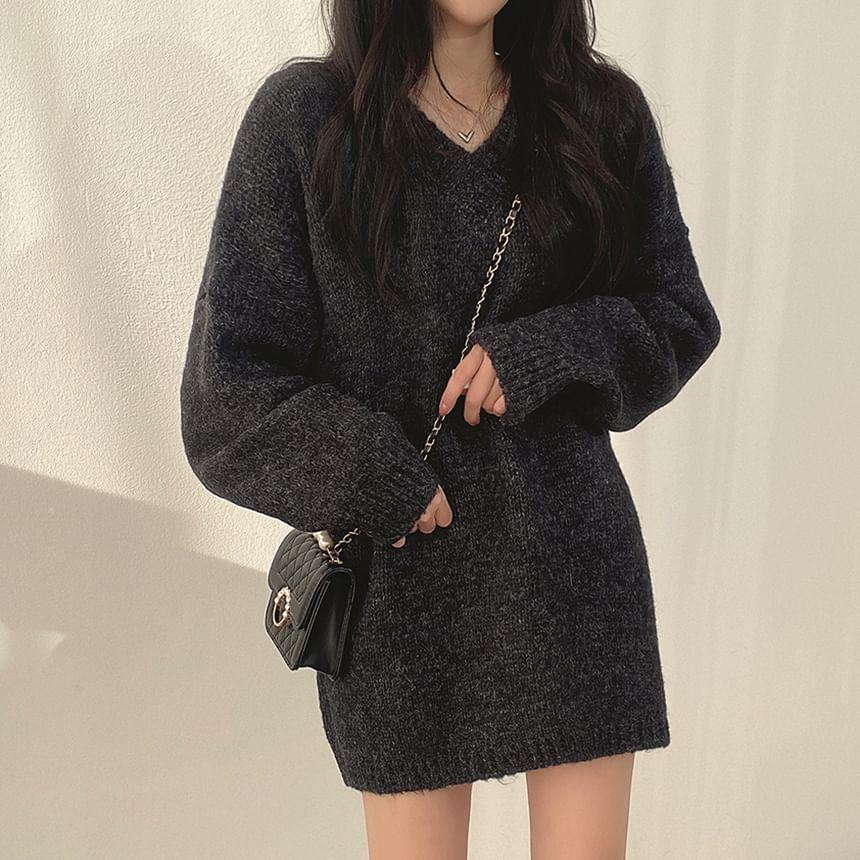 V-Neck Plain Oversized Sweater Product Image