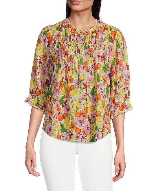 Democracy Petite Size Woven Floral Fruit Print Round Neck Elbow Sleeve Half Button Front Placket Pintuck Detail Top Product Image