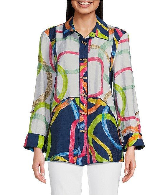 Ali Miles Printed Point Collar 3/4 Roll Tab Sleeve Button Front Tunic Product Image
