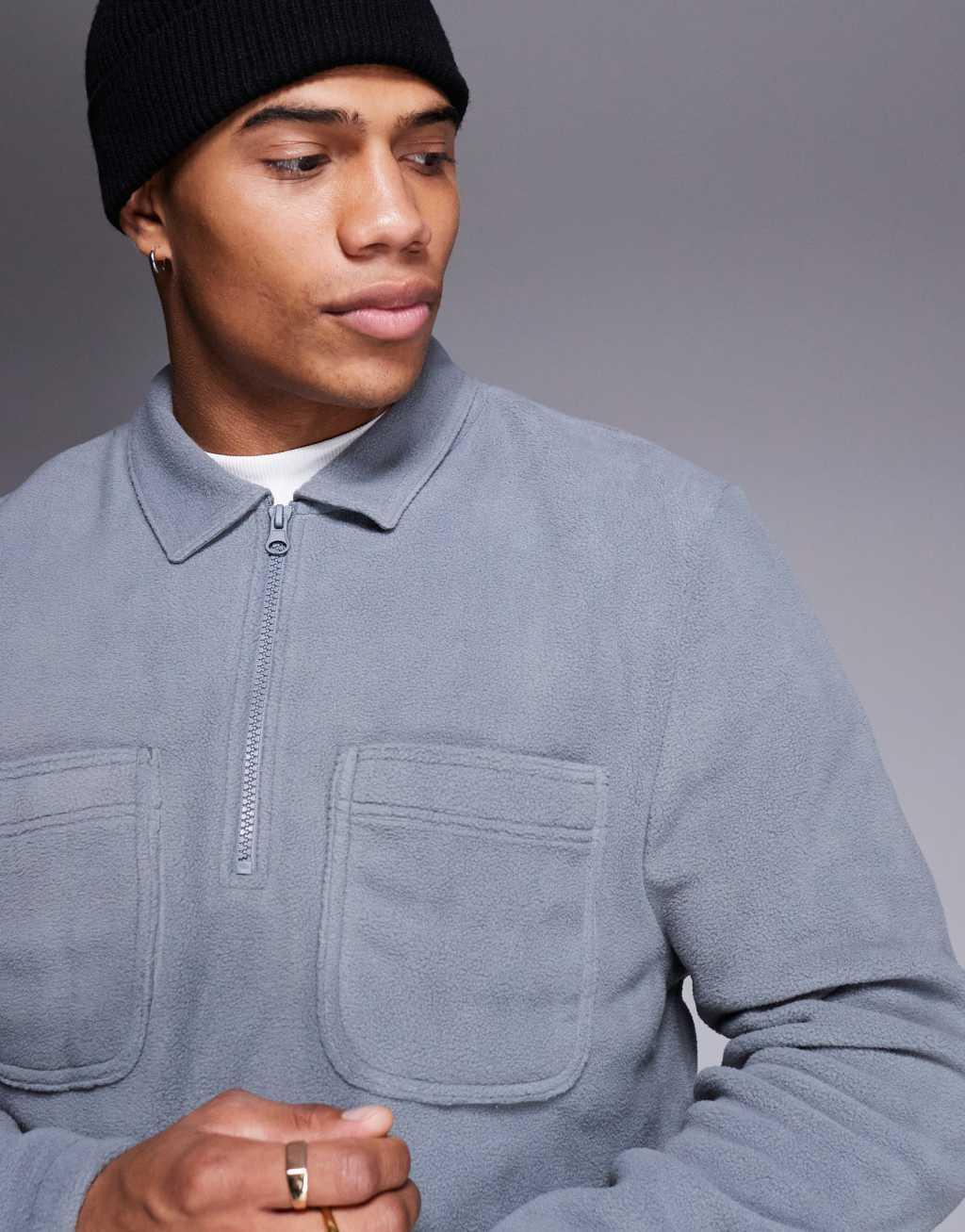ASOS DESIGN fleece sweatshirt with half zip and collar in gray Product Image