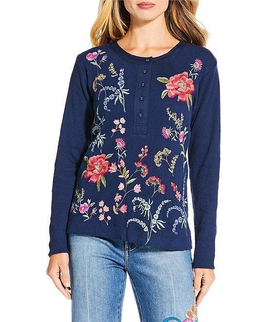 JOHNNY WAS Mayra Floral Embroidered Textured Knit Round Neck Long Sleeve Henley Top Product Image