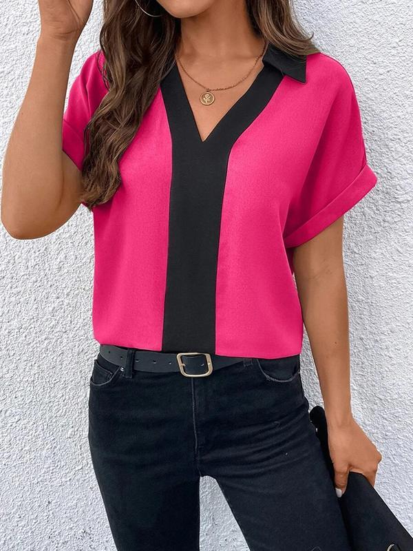 Loose Short Sleeves Contrast Color V-Neck T-Shirts Tops Product Image