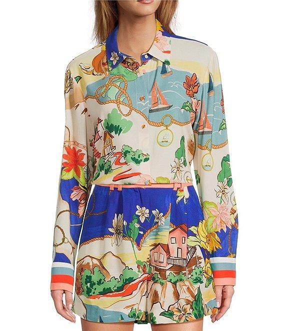 Antonio Melani Polina Linen Blend Ocean Print Button Front Collar Long Sleeve Coordinating Blouse Product Image