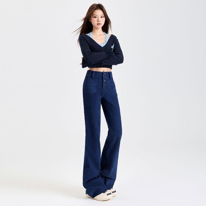 High Rise Plain Flared Pants (Various Designs) Product Image