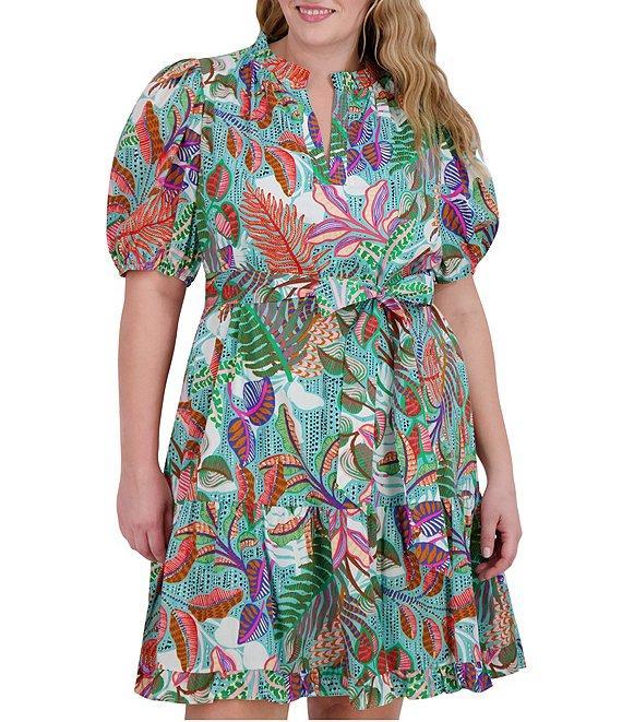 Vince Camuto Plus Size Floral Print V-Neck Short Puff Sleeve Printed Tie Waist Dress Product Image
