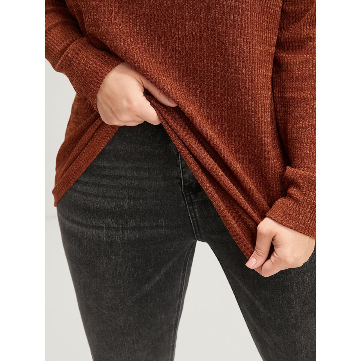 Plus Size Solid Contrast Lace Mock Neck Rib Knit Long Tee Russet Women Elegant Patchwork Plain Mock Neck Dailywear T-shirts BloomChic 14-16/1X Product Image