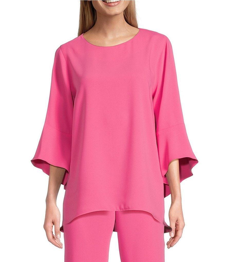 Caroline Rose Julia Matte Crepe Crew Neck 3/4 Ruffled Sleeve High-Low Hem Top Product Image