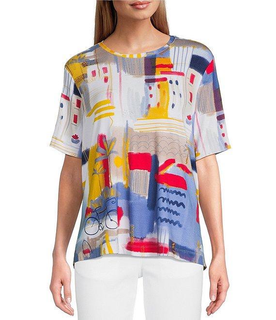 Multiples Embellished Printed Scoop Neck Short Sleeve Fitted Knit Top Product Image